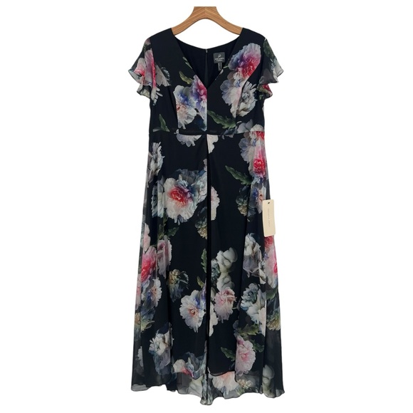 Adrianna Papell Floral Overlay Maxi Wide Leg Jumpsuit in Black Multi Size 16 - Picture 4 of 16